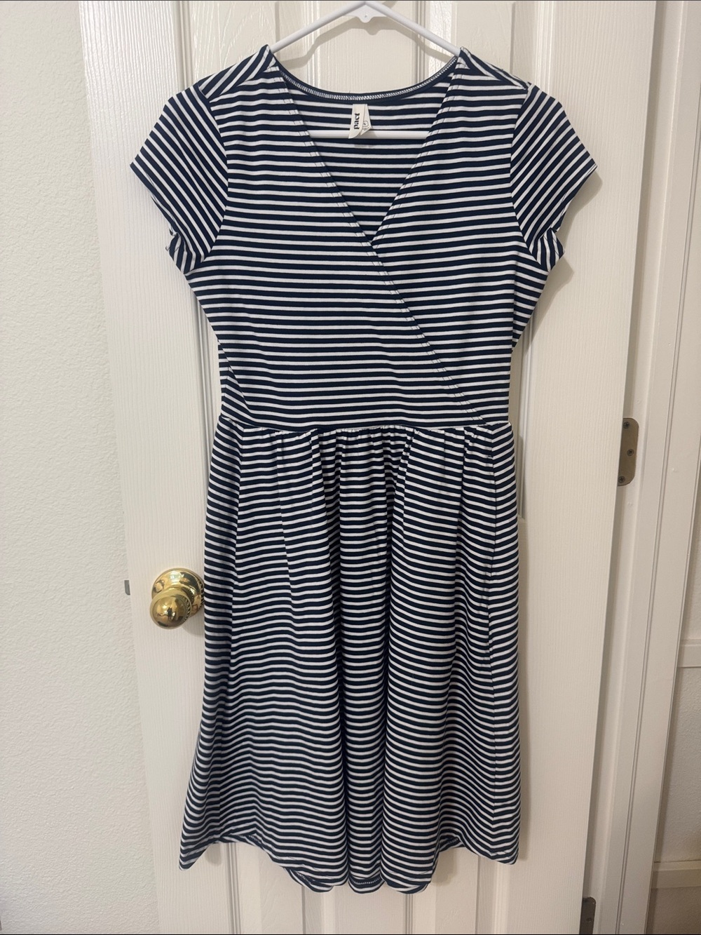 Pact Navy and White Striped Wrap-Style Knit Dress
